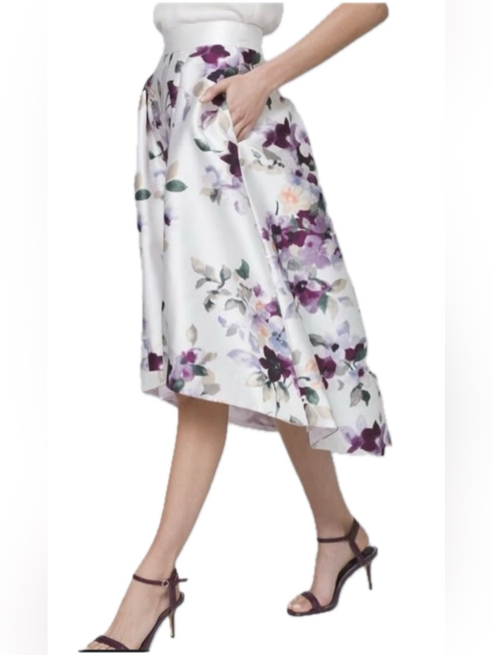 White House Black Market White/Purple Floral A-Line Midi Skirt Lined Zip 00P